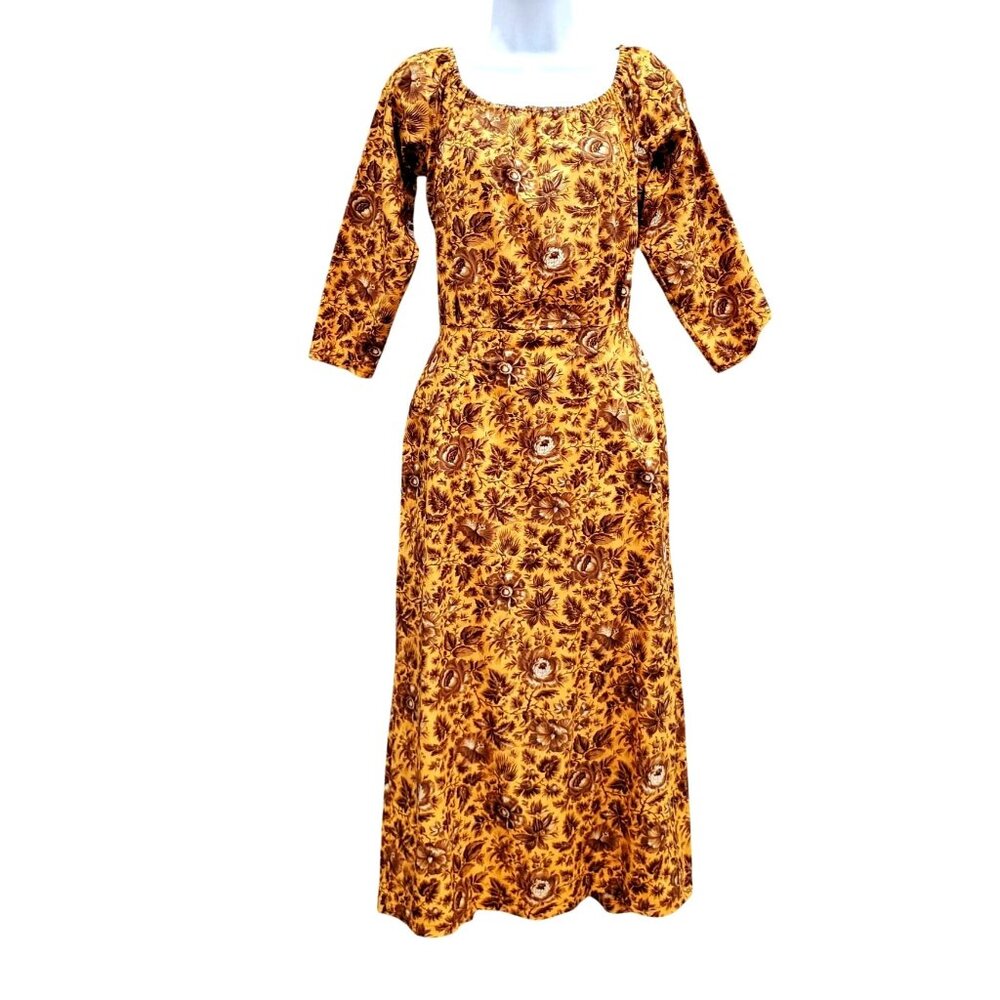 Vintage 70s Yellow Brown Floral Midi Dress Prairie Boho Autumn Colors M 10